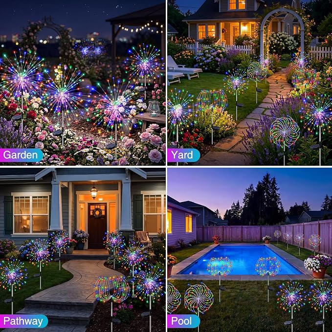 btfarm 4 Pack Solar Garden Lights Outdoor 8 Modes, 120 LED Firework Lights Solar Powered, Waterproof Twinkle Fairy Light Outside for Yard Pathway Lawn Pool Patio Christmas Decorative, Multicolor