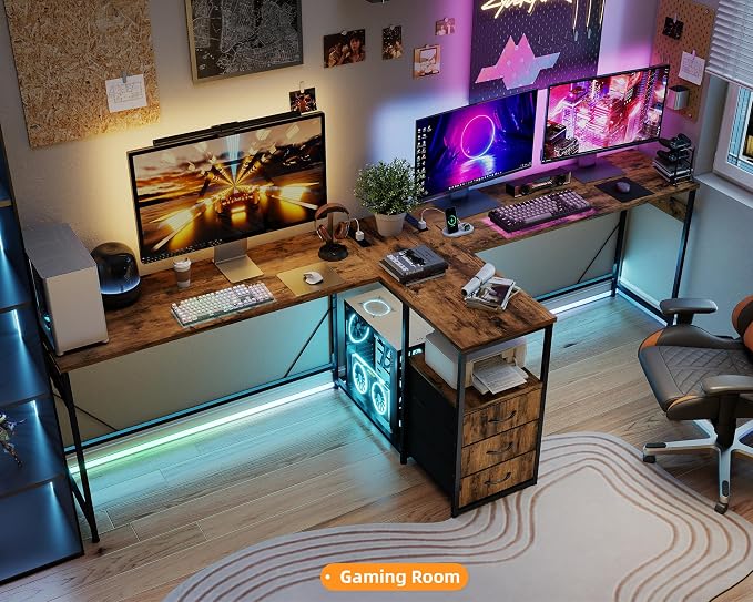 YOSHOOT 2 Person Computer Desk, 87" Long Gaming Desk for 2 People | Double Desk with 3 Fabric Drawers and 2 Power Outlets, Home Office Table for Adults and Teenagers, Rustic Brown