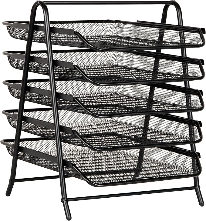 Mind Reader 5-Tier Paper Tray Organizer, Vertical Desktop File Storage Rack, Office, Metal Mesh, Black