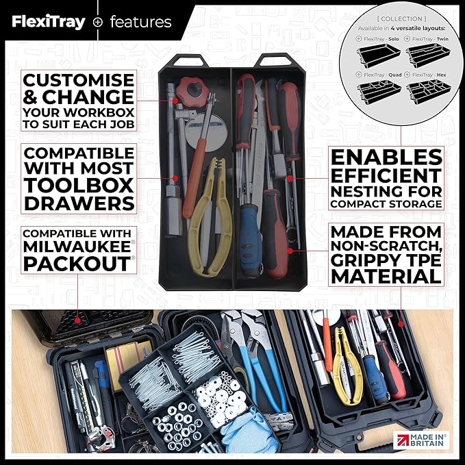 StealthMounts Double FlexiTray | Flexible Tool Trays Compatible with Milwaukee PACKOUT | Organiser for Tools, Nuts, Bolts & Parts | Workshop, Garage & Van Storage | Made in The UK