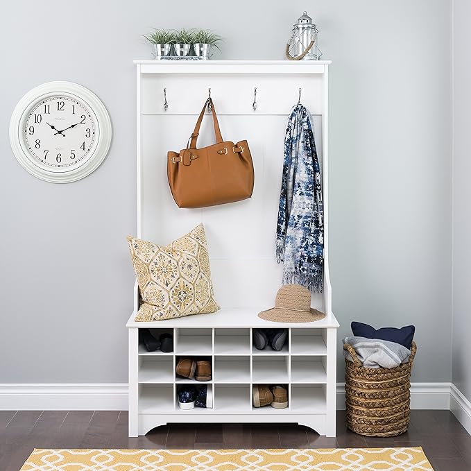 Prepac Entryway Organizer, Coat Rack, Hall Tree features 4 Hooks for Coat Storage, & Hanging Bags; Furniture for Entryway with Bench & 15 Cubbies for Shoe Storage, 38” W x 68” H x 15.5” D, White