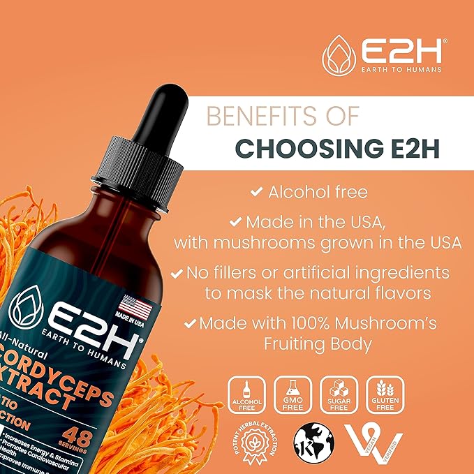 Cordyceps Mushroom Supplement - Faster Absorption Than Cordyceps Mushroom Capsules or Powder - Our Cordyceps Extract Promotes Energy & Stamina Support - Mushroom Extract - 2 Fl Oz by E2H