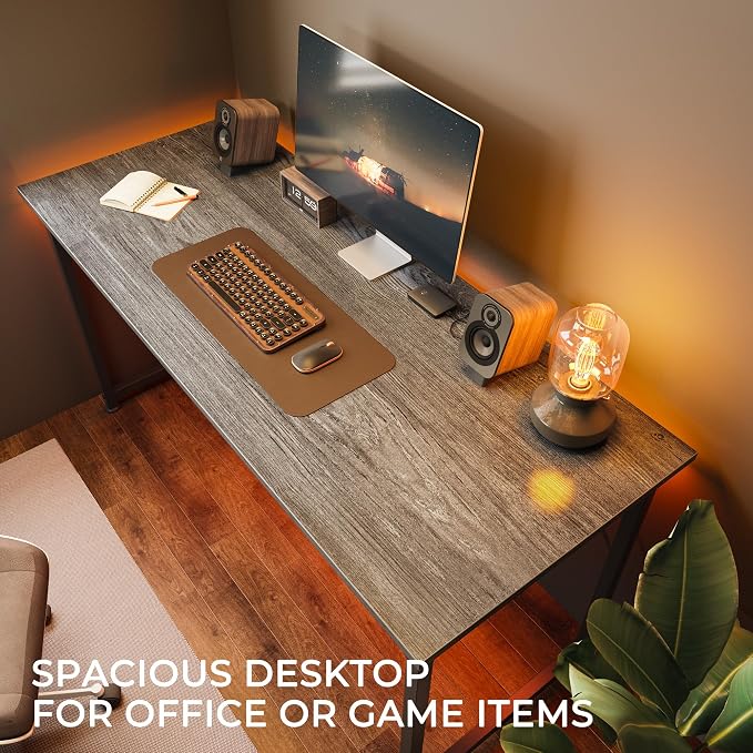 Huuger Computer Desk, 55 Inch Home Office Desk, Gaming Writing Work from Home Study Desk, Large Legroom, Sturdy Metal Frame, Modern Simple, Grey