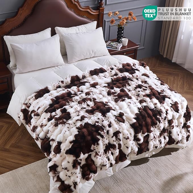 Faux Fur Throw Blanket for Couch, Fluffy Fuzzy Plush Bubble Blanket, Soft Warm Cozy Shaggy Rabbit Blanket, Luxury Decorative Gifts for Sofa Bedroom Living Room, 60x80inch (Cow Print-Brown)