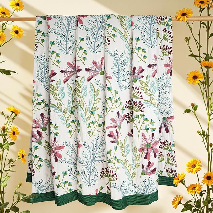 VANJOROY Boho Throw Blanket, 100% Organic Cotton Breathable Ultra Soft 91" x 98" Bed Quilt Throw - All Season Floral Rustic Farmhouse Decor Luxury Reversible Blanket for Sofa Couch Chair and Gift