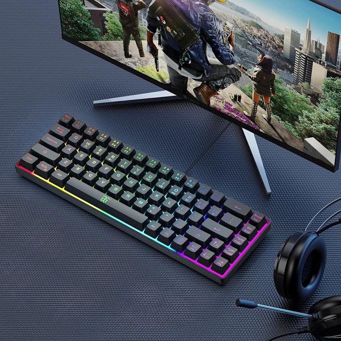 Snpurdiri 60% Wired Gaming Keyboard, 68 Keys, Black | Rainbow Backlit Mini Membrane Gaming Keyboard for Windows PC Gamers