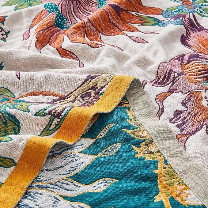 Boho Throw Blanket for Bed 100% Cotton Bohemian Blankets Ultra Soft Woven Muslin Decorative Blankets All Seasons Vintage Quilt Knitted Blanket for Sofa Chair(Beige, 90"x98")