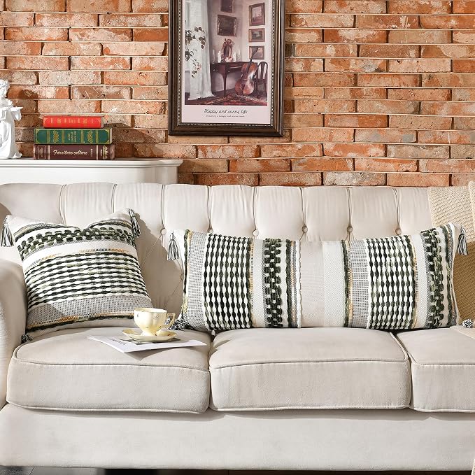 Chenille Striped Textured Boho Throw Pillow Covers Aesthetic with Tassels Woven Decorative Pillow Case for Couch Bed Sofa Bedroom Modern Funky 18 x 18-Inch Sage Green