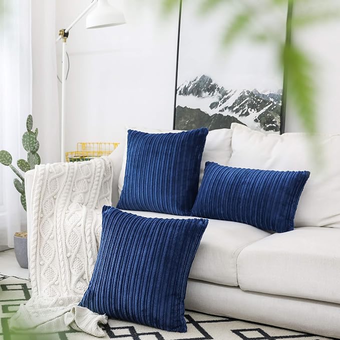 UGS UGASA Pack of 2, Velvet Pillow Covers Striped, Soft Textured Throw Cushion Case Set, Accent Corduroy Lumbar Pillowcases with Hidden Zipper for Home Decor Indoor Outdoor (12"x20", Navy Blue)