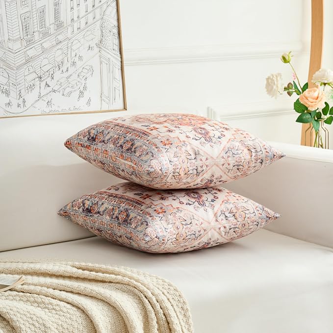 Boho Throw Pillow Covers 18x18 inch Set of 2,Boho Vintage Carpet Pattern Antique Ethnic Decor Double Sided Pattern Cushion Cover Soft Pillow Case Living Sofa Room Bed Square Pillow Cover