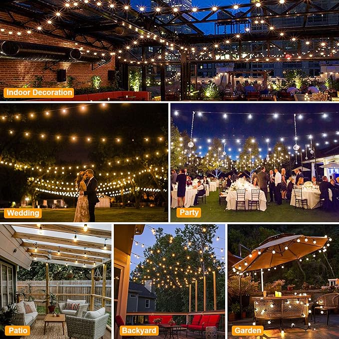 Mlambert 3-Color in 1 Solar String Lights Outdoor Waterproof Dimmable, 48ft Remote LED Patio Lights,15 Hanging Sockets Shatterproof Light for Backyard