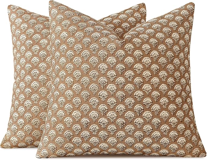 MIULEE Floral Print Decorative Pillow Covers 18x18, Cognac | Vintage Boho Farmhouse Modern Home Decor, Set of 2, Block Print Cushion Covers for Couch Sofa Bed Living Room