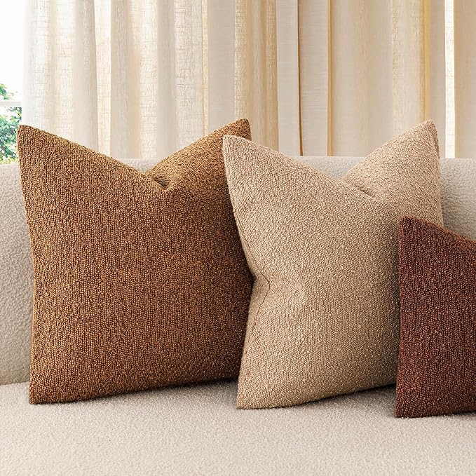 Foindtower Pack of 2 Modern Textured Boucle Throw Pillow Covers Accent Solid Decorative Pillow Cases Cozy Woven Couch Cushion Case for Chair Sofa Bedroom Living Room Home Decor 20x20 Inch Hazel Brown