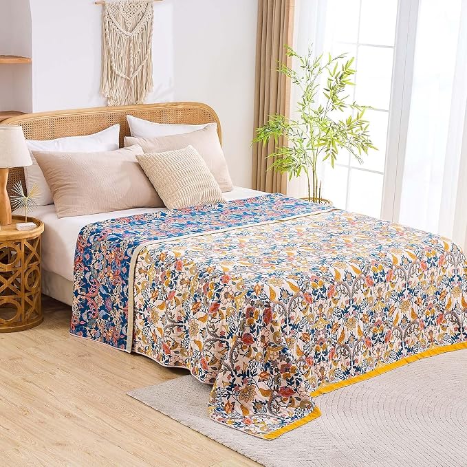 XIBLC Boho Blanket Throw Quilt, 100% Cotton Soft Light Weight Throw Blankets for Summer, 80"x90" Farmhouse Flower Decorative Blankets, All Season Rustic Reversible Bohemian Throw Quilt
