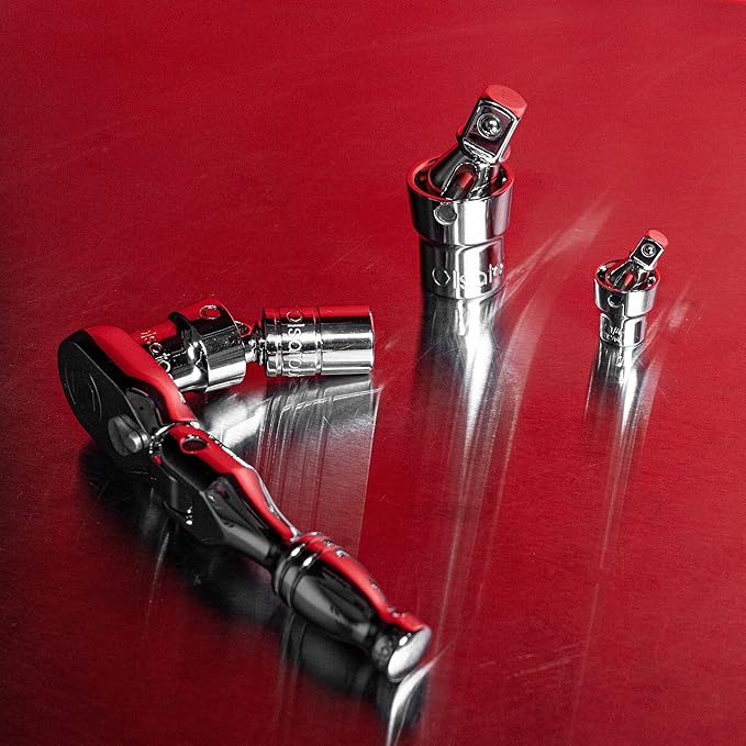 Olsa Tools Universal Joint Set - 3 Pc 1/2",3/8" & 1/4" Drive - Swivel U-Joint Socket Kit with Aluminum Rail - Ball and Angle Socket Adapters - Part 1243