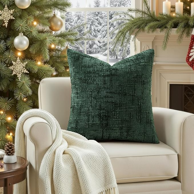 decorUhome Textured Chenille Throw Pillow Covers 22x22 Set of 2 Green | Fall Modern Farmhouse Soft Cozy Slubby Couch Pillow Cases Boho Decorative Pillow Cases for Bed Sofa Living Room Home Decor