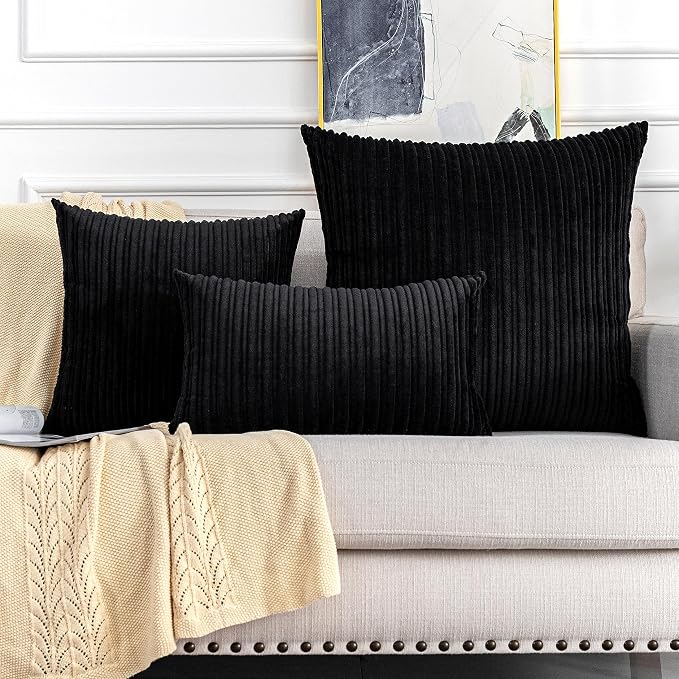 UGASA Super Soft Plush Corduroy Pillow Covers Solid Textured Large Throw Euro Pillow Sham Cushion Cover for Couch Floor, 2 Pcs, 18 x 18(45cm), Black