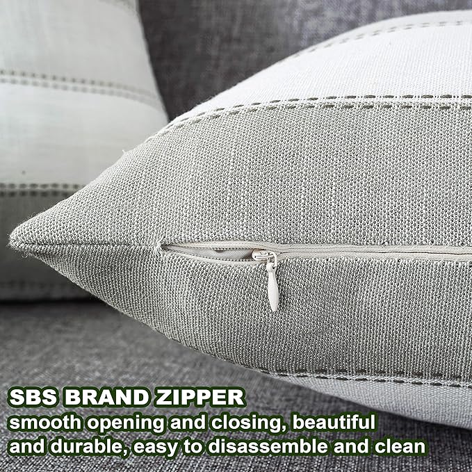 Pack of 2 Farmhouse Stripe Check Throw Pillow Covers Set Case Cotton Linen Decorative Pillowcases Cushion Cover for Couch Bench Sofa 18x18Inch Blue Beige