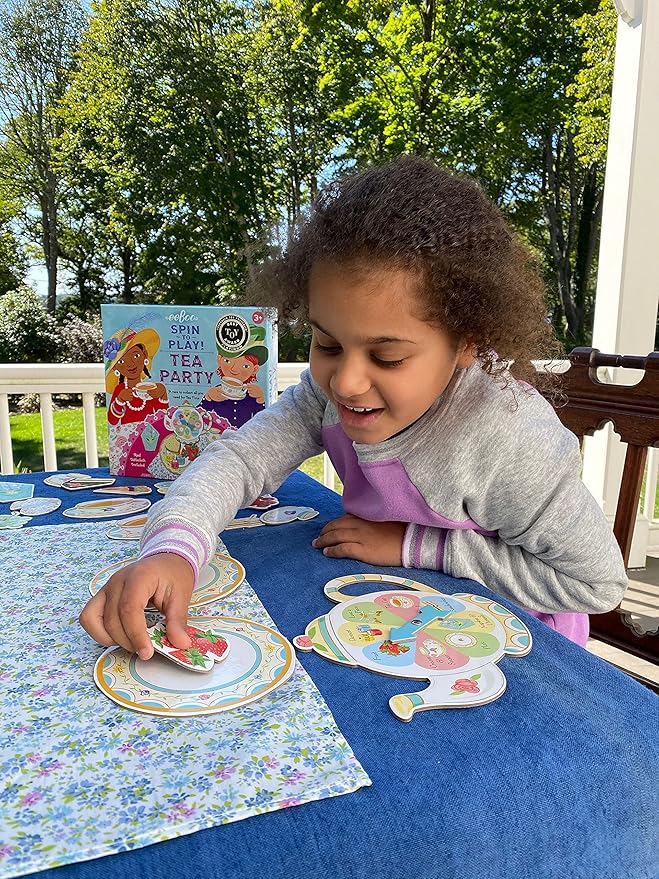 eeBoo Tea Party Spinner Game, Social Skills Game, Ages 3+, 2-4 Players | Develops patience & social skills through imaginative play. Includes spinner, food pieces & fabric tablecloth. 15-30 min game