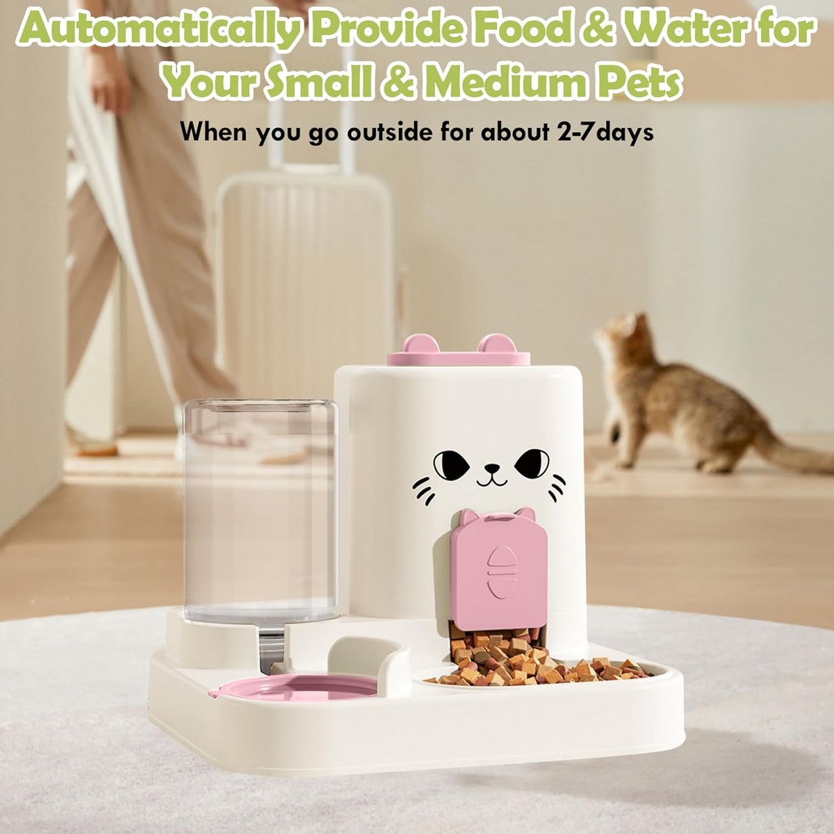 1.6L Auto Gravity Pet Feeder and 0.6L Water Dispenser Set, Automatic Cat Food and Water Dispenser, Gravity Pet Feeder for Small Medium Dog Puppy Cat Kitten (Pink)
