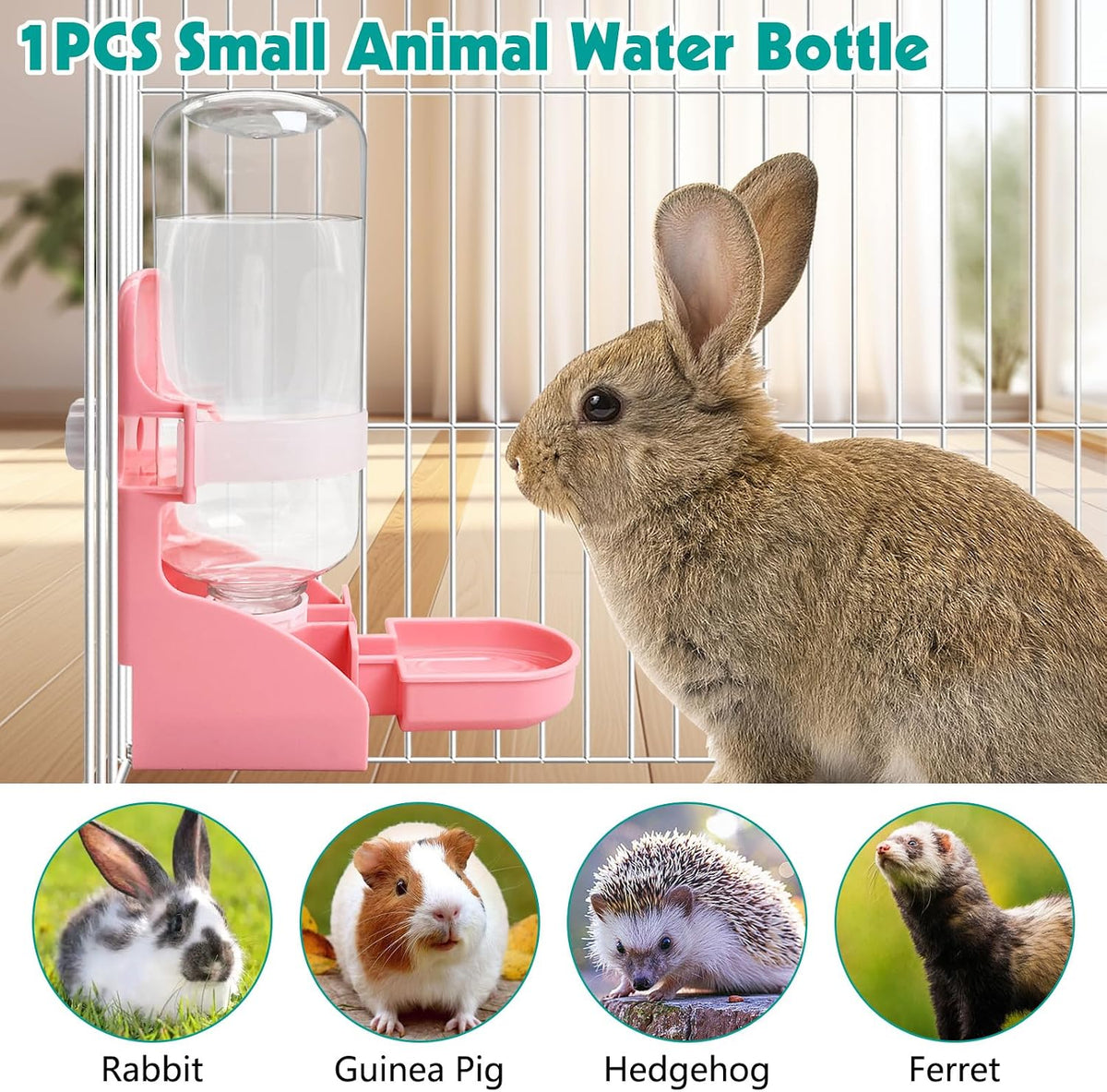 kathson Rabbit Water Bottle, 17oz Hanging Water Fountain Automatic Dispenser No Leak WaterFeeder for Bunny Chinchilla Guinea Pig Hedgehog Ferret