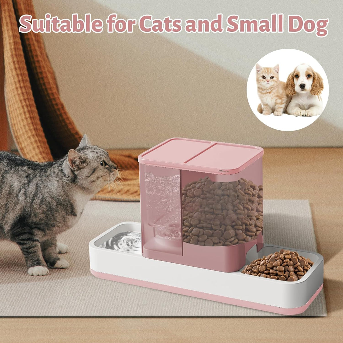 Yummy Sam Automatic Small Pet Feeder and Water Dispenser, 2 in 1 Gravity Cat Auto Pet Feeder and Waterer Set Feeder Dish for Small Medium Pets Dog Puppy Kitten (Pink)