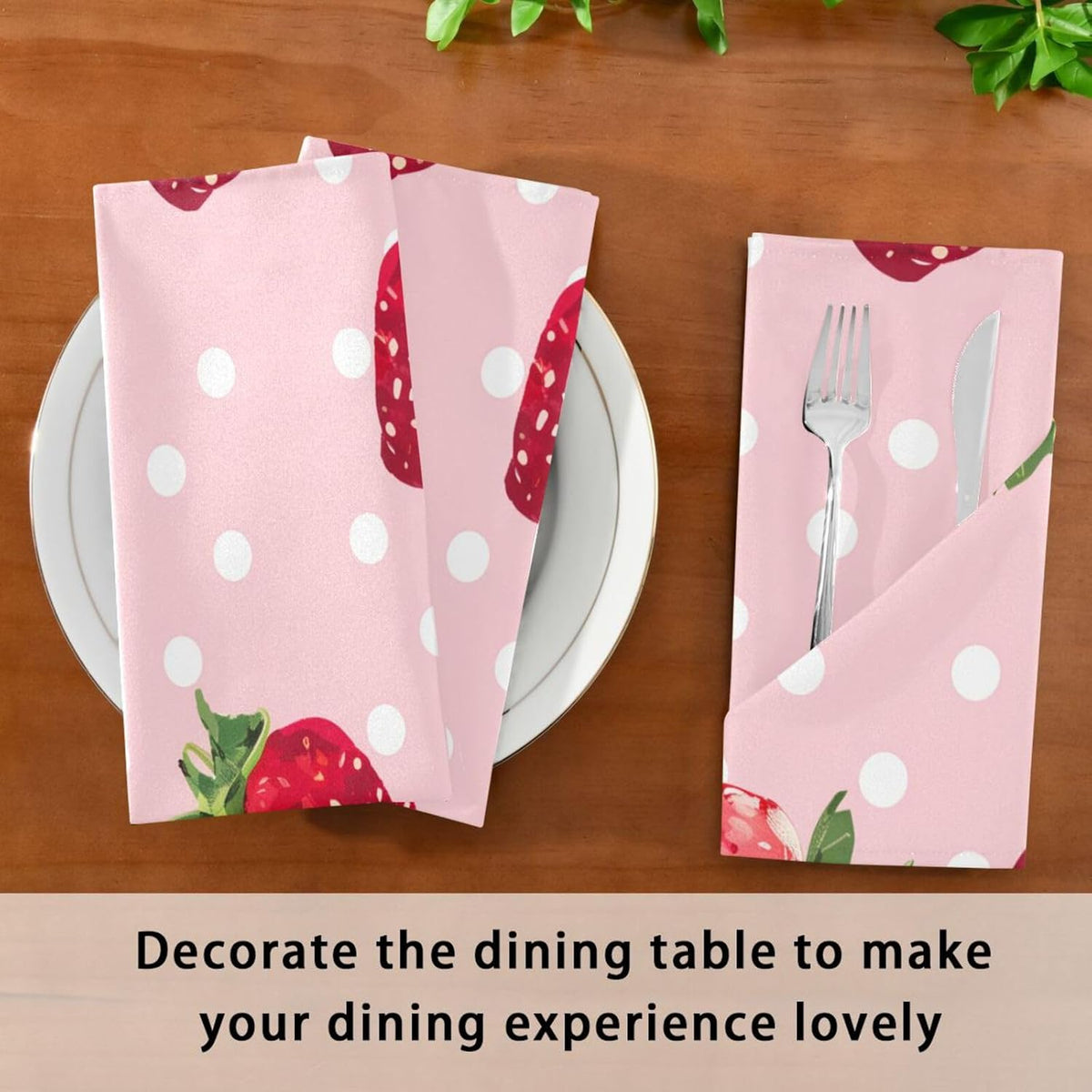 susiyo Pink Strawberry White Dots Cloth Napkins 4 Pcs 20x20 inch Polyester Cocktail Napkins for Dinner Decorative