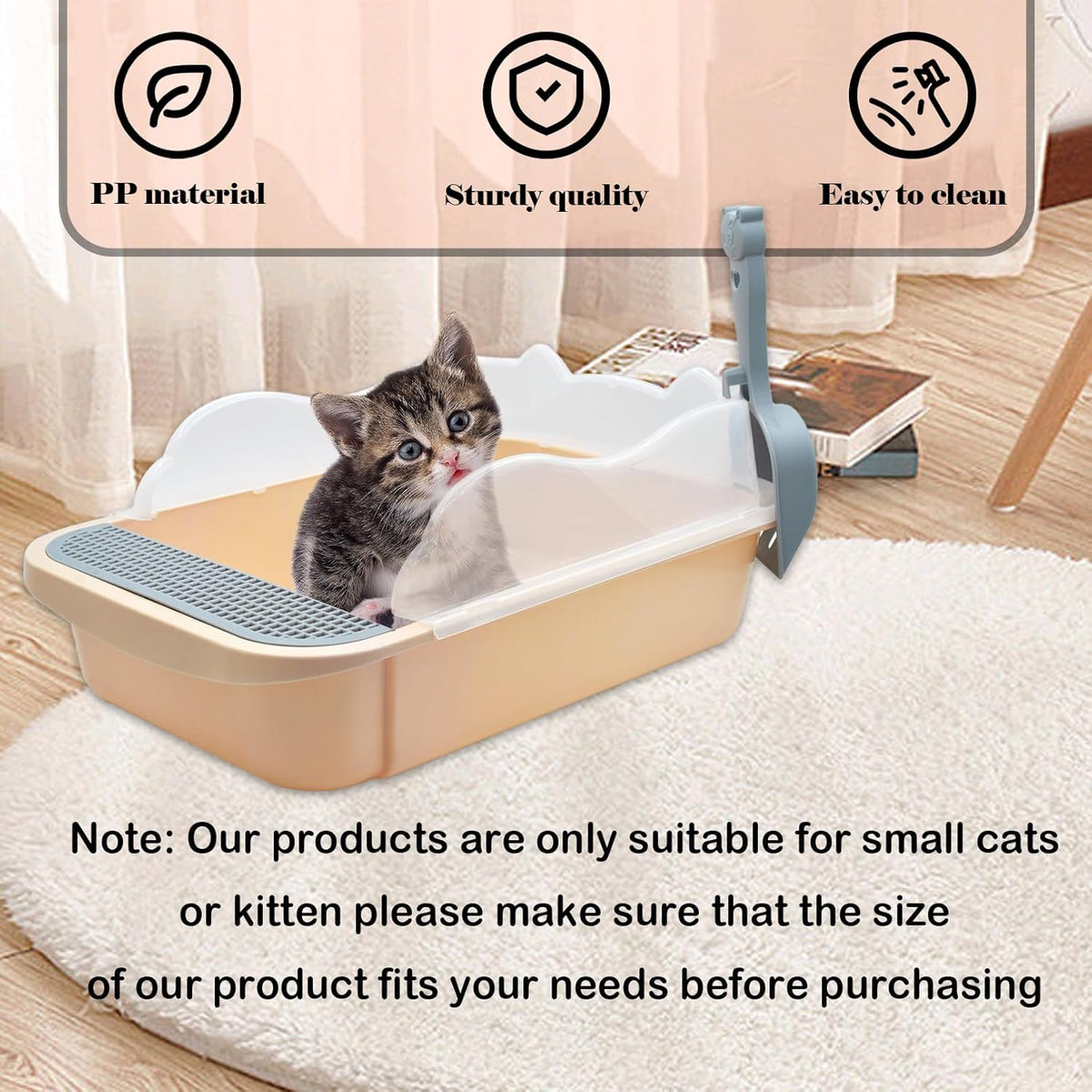 kathson Open Cat Litter Box with High Side,Anti-Splashing Cats Litter Pan Semi-Enclosed Removable Cats Litter Boxes with Litter Sifting Scoop Open Top Kitty Toilet for Easy to Clean(Khaki)