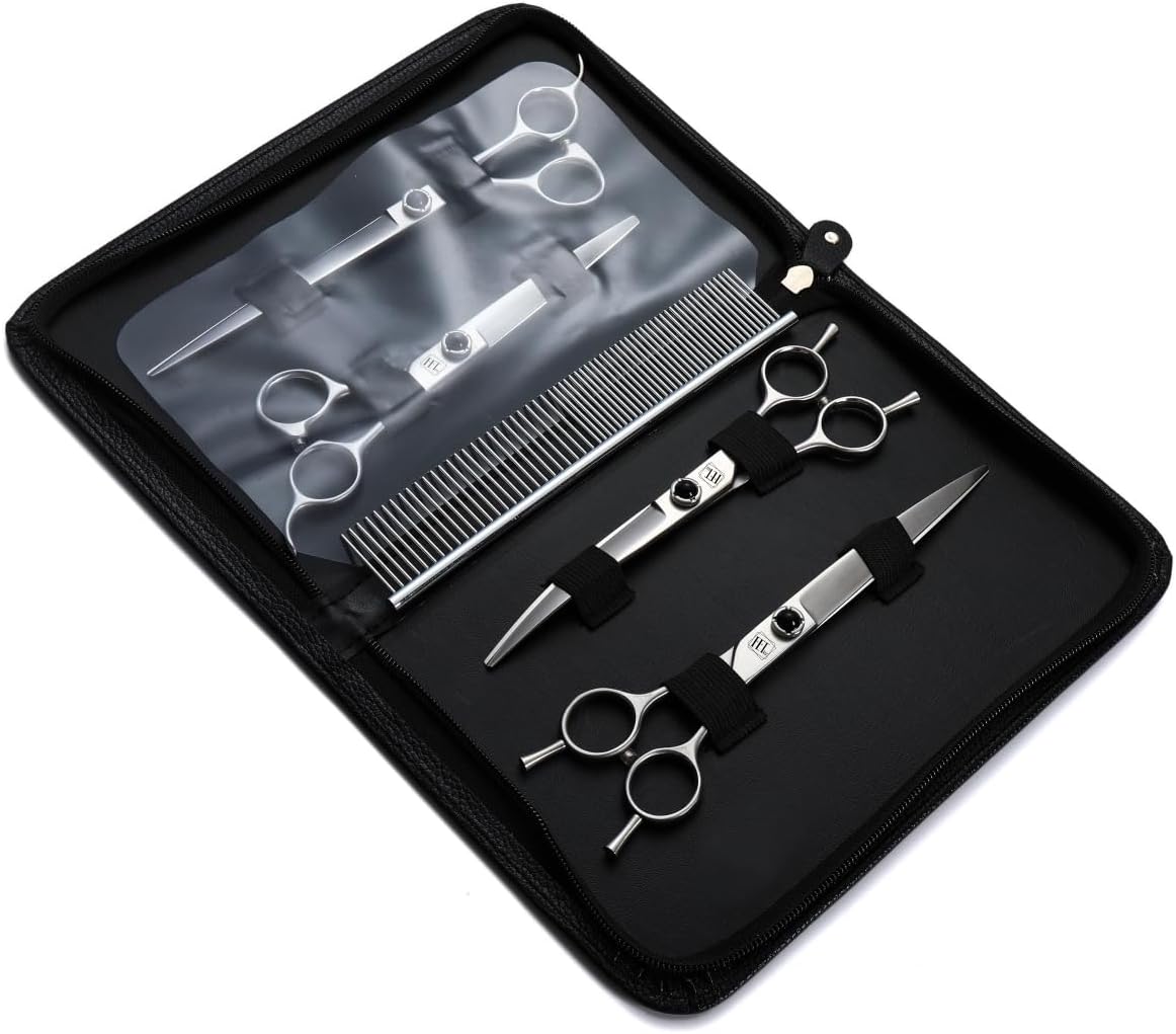 Dog Grooming Scissors: 5 in 1 Pet Shears Kit Made Of Japanese 9CR Advanced Stainless Steel Professional Grooming Scissors for Dogs Cats and Other Pets