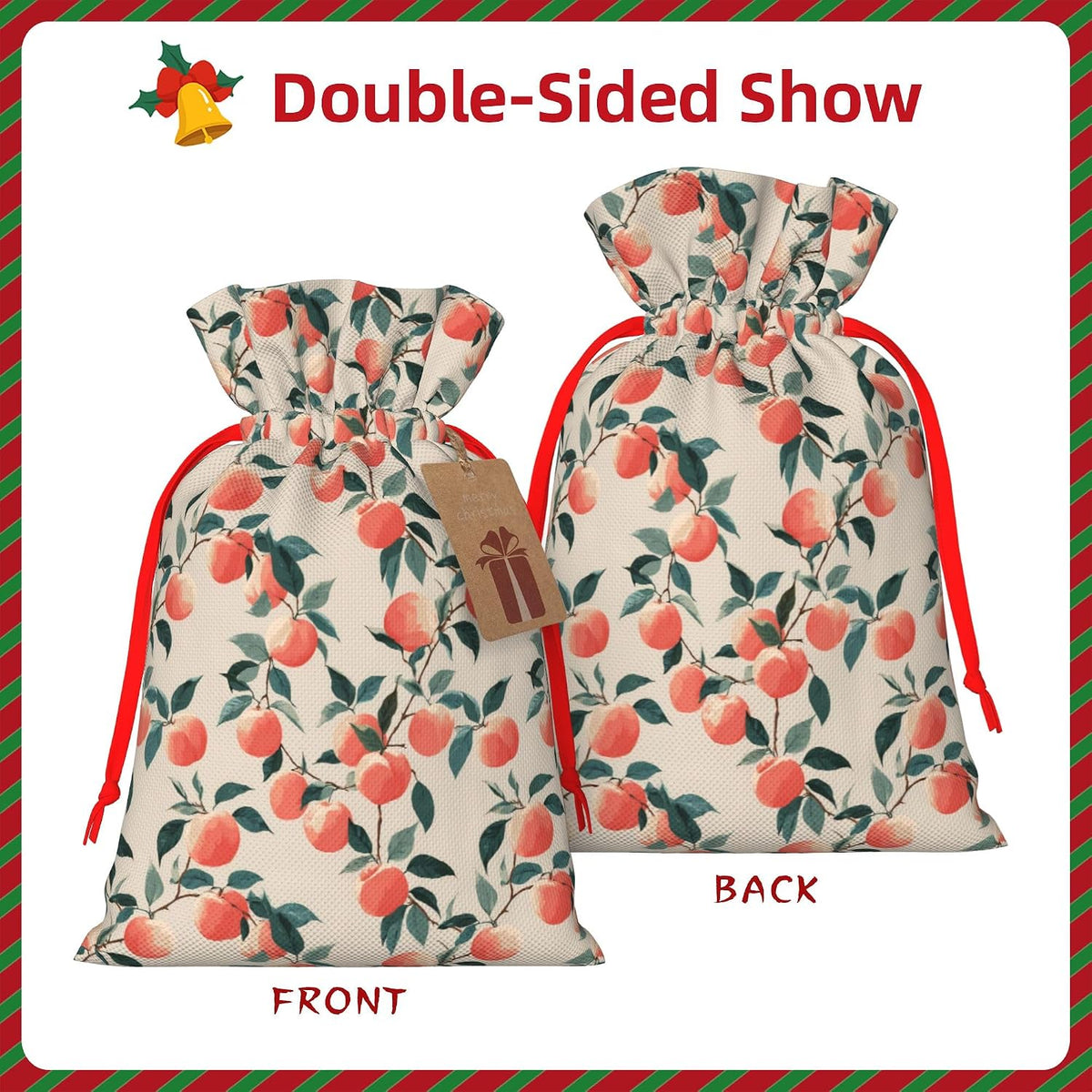 Qewfoju Fruits Peach 3 Pattern Holiday Gift Bags Christmas Burlap Gift Bags Drawstring for Wedding Party Favors Xmas Gifts Couple Shower Small