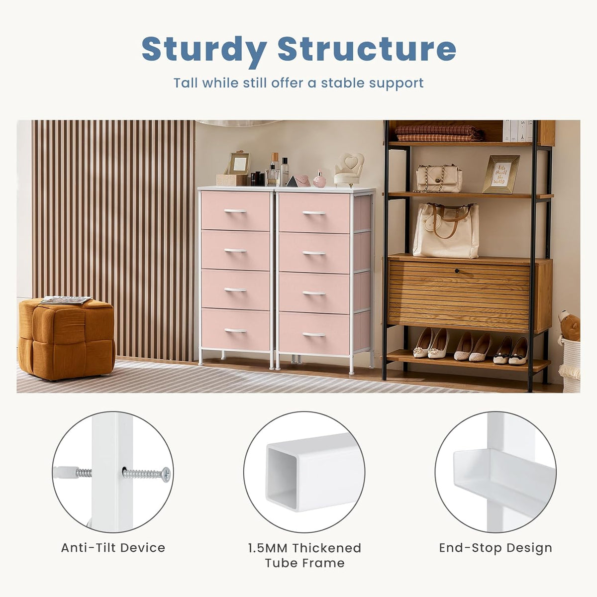 DUMOS Nightstand with 4 Drawers Bedside Table with Removable Fabric Bins Sturdy Steel Frame Wood Top Organizer Furniture for Bedroom Closet Living Room,Pink