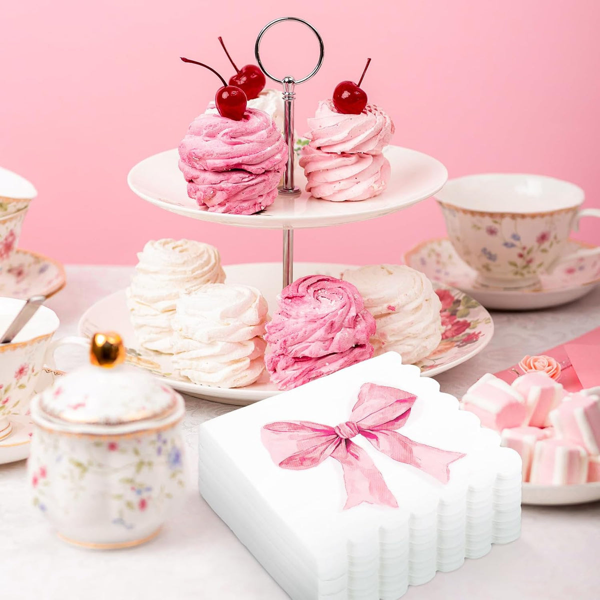 50Pcs Pink Bow Paper Napkin Coquette Bowknot Disposable Luncheon Napkins Scalloped Dessert Dinner Hand Napkin for Wedding Bridal Shower Bachelorette