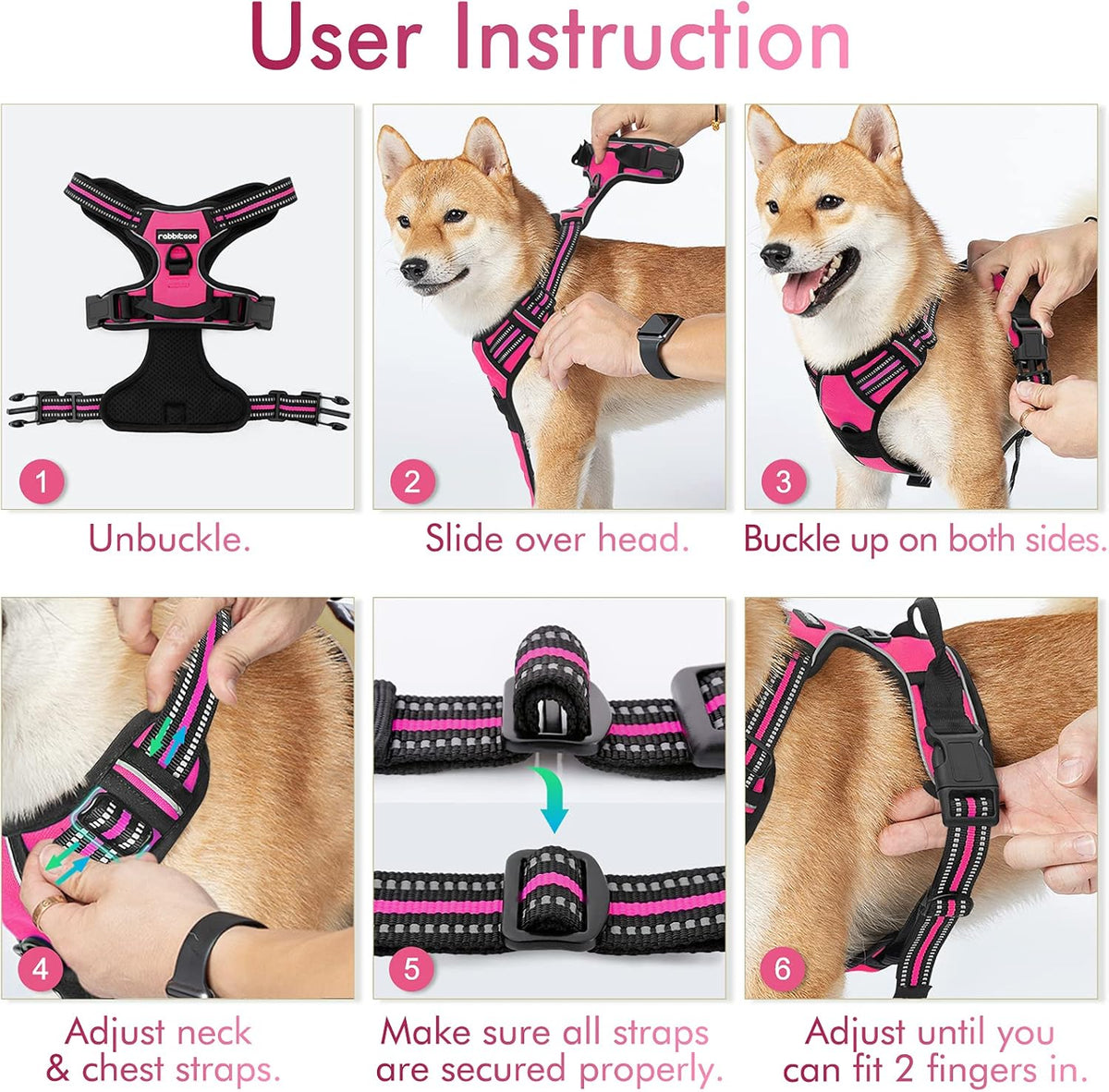 rabbitgoo Dog Harness No Pull with 2 Leash Clips, Adjustable Soft Padded, Reflective Oxford No Choke Pet Vest with Easy Control Handle for Large Dogs, Hot Pink, L