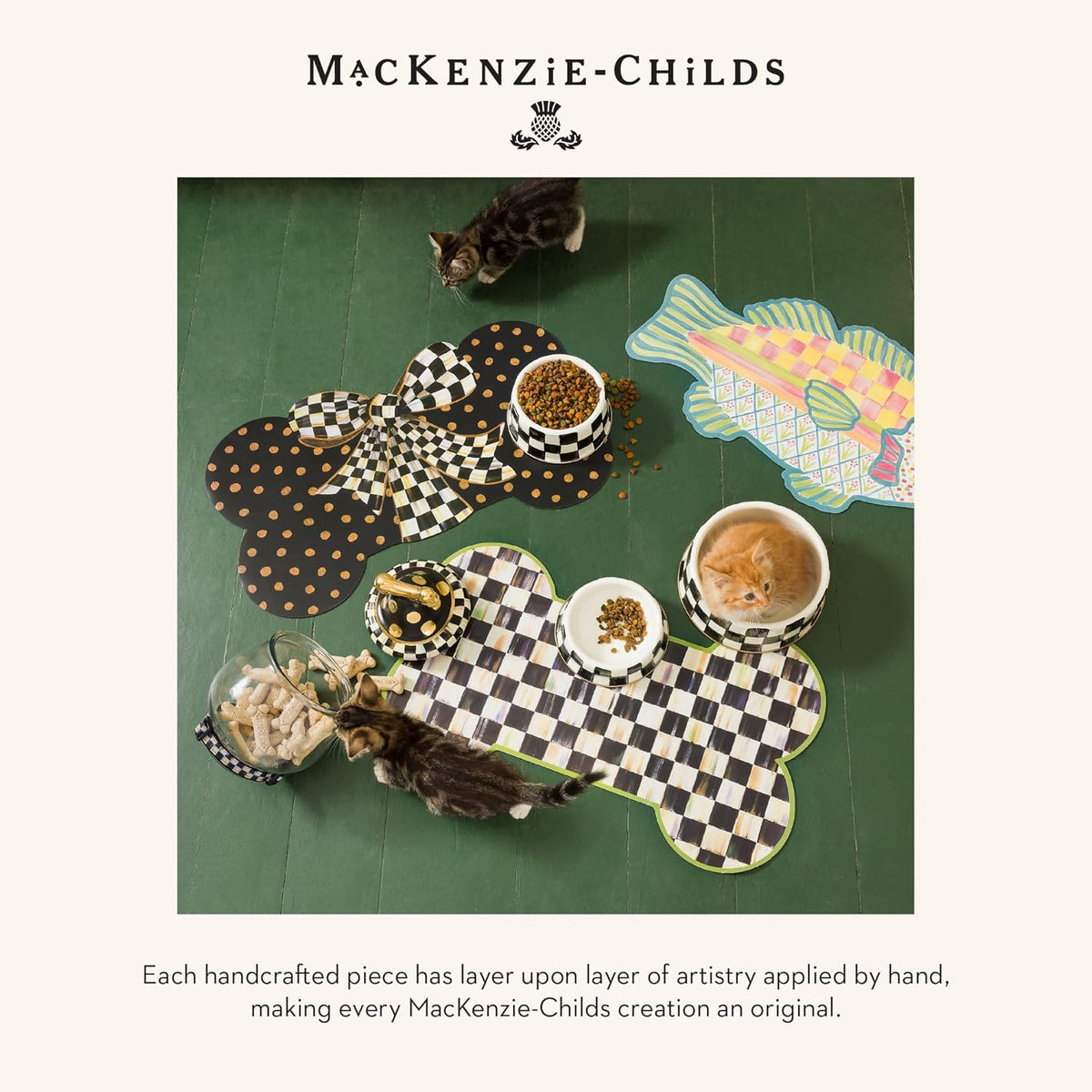 MACKENZIE-CHILDS Pup Placemat, Cute Pet-Food Mat for Dog Bowls and Cat Bowls, Black-and-White Courtly Check
