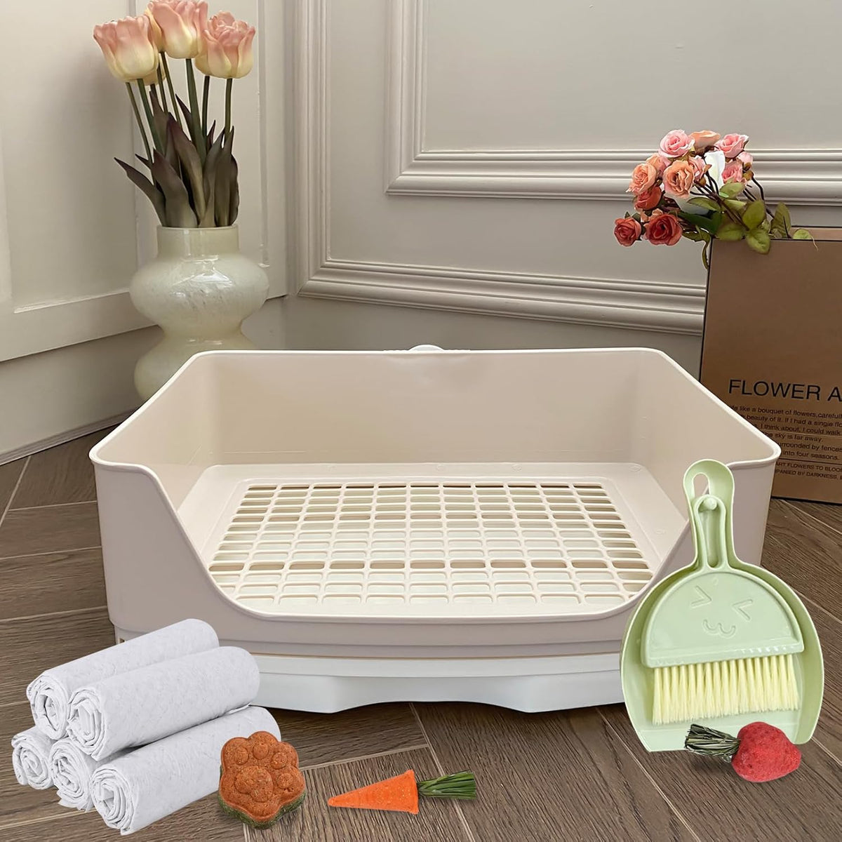 Large Rabbit Litter Box Bunny Potty Training Corner Litter Pan with Drawer Comes with Liners Rabbit Pee Pads, Small Animal Bedding Toilet for Adult Guinea Pig, Ferret, Hamster, Bunnies