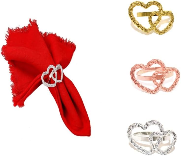 c Simple Double Ring Love Napkin Button Valentine's Day Heart Shaped Napkin Ring Peach Heart Mouth Cloth Ring Restaurant Hotel Desktop Decoration -6 Pieces (Rose Gold)
