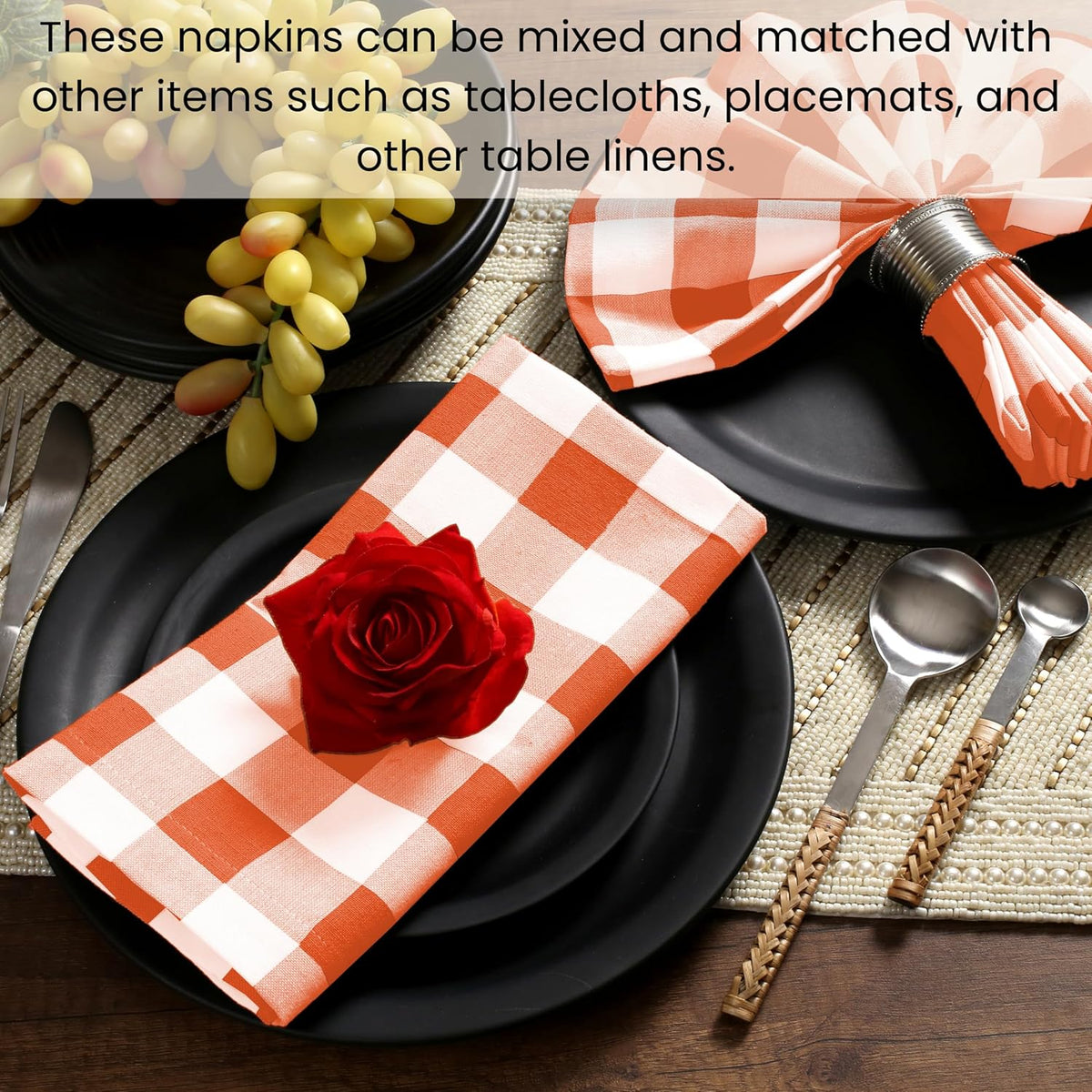 Cotton Clinic Set of 12 Cloth Napkins Gingham Check 100% Cotton 20x20 inches - Soft Durable Washable - Ideal for Events Wedding Holidays Easter - Perfect Everyday Use Table Dinner Napkins Orange