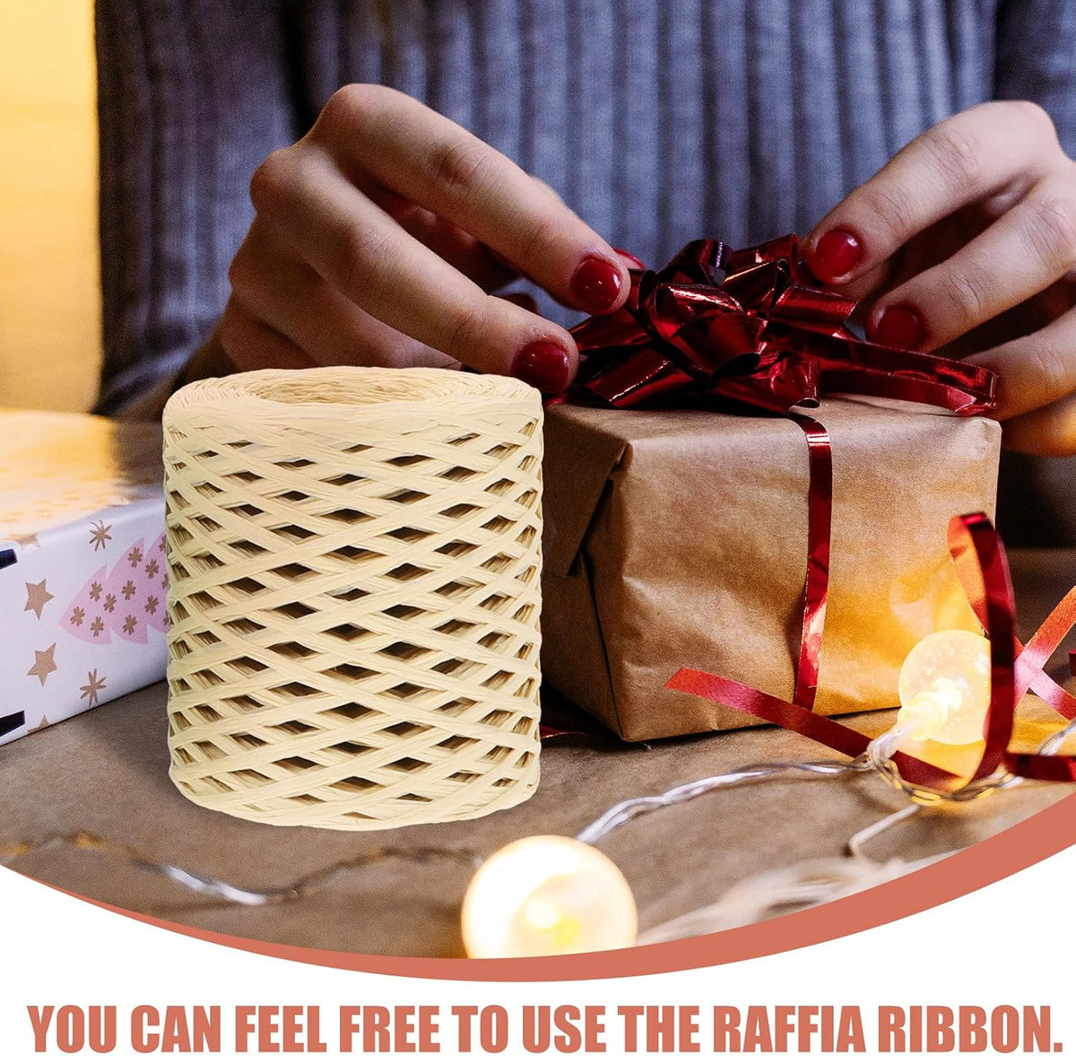 4 Rolls Raffia Twine Craft Ribbon Set, (, Grass Green, Natural Beige, Peach), Decorative Wrapping Ribbon for Christmas and DIY Packing Supplies
