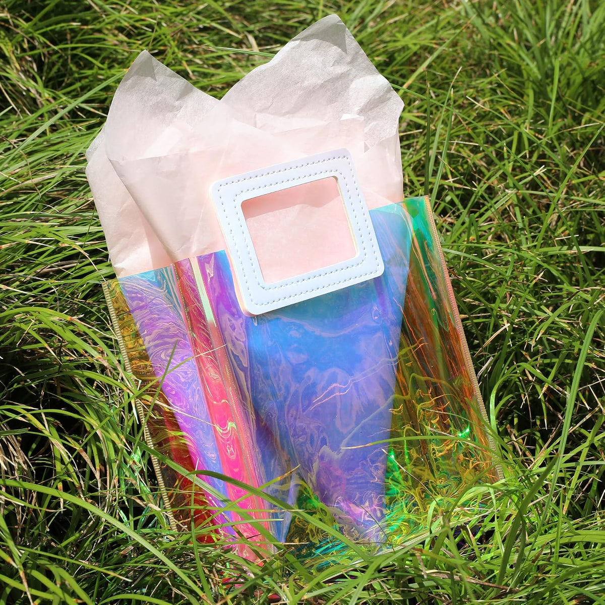 1 Pack Holographic Gift Bags with Handles & 2 Tissue Paper Sheets – Iridescent Transparent Reusable Bags for Women, Girls, Birthdays, Weddings,Pink Gift Bag