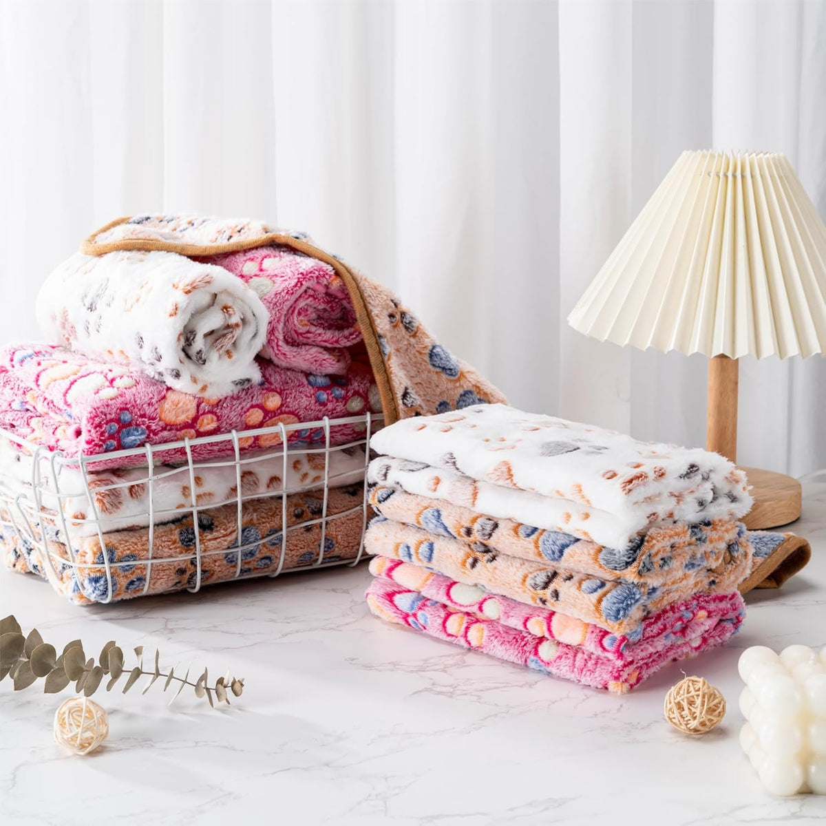 1 Pack 3 Blankets Super Soft Fluffy Premium Fleece Pet Blanket Flannel Paw Printed Throw for Dog Puppy Cat (Medium 30x20'', Brown, Pink, White)