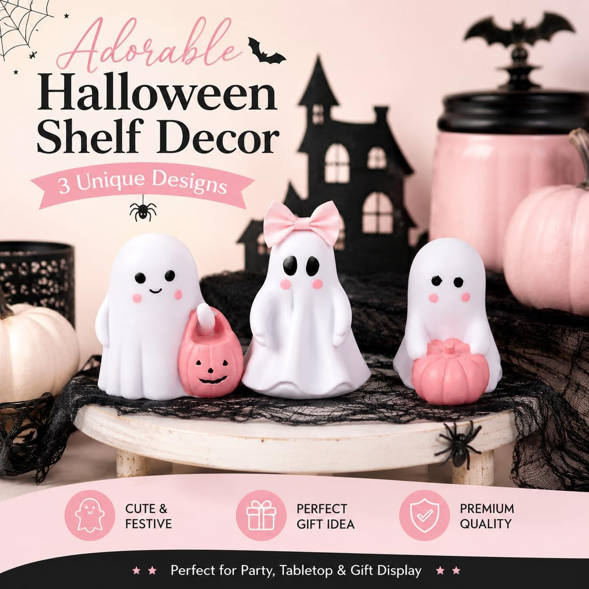 3 Pcs Pink Ghost Figurines, Halloween Table Decor with Pumpkin Bow