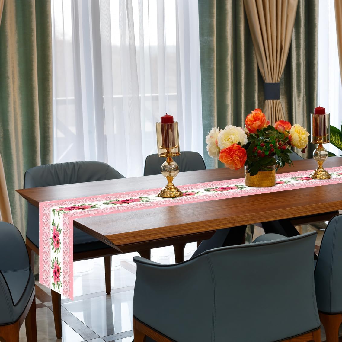 Pink Printed Lace Floral Spring Table Runner, 13x72 Inch
