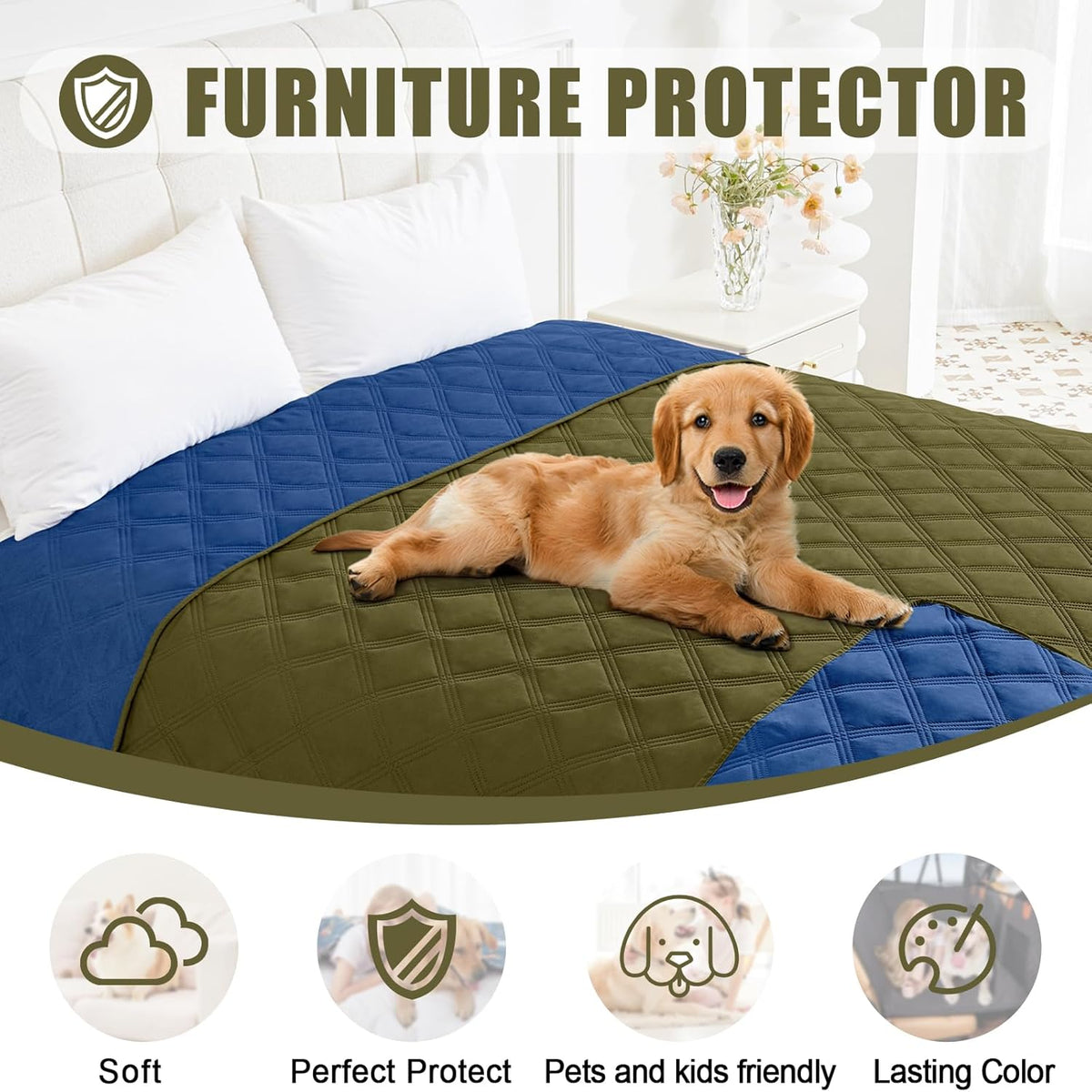 Smiry Waterproof Dog Bed Cover Pet Blanket, Soft Washable Dog Blanket for Furniture Bed Couch Sofa Reversible, Checkered (30"x70", Green/Navy)