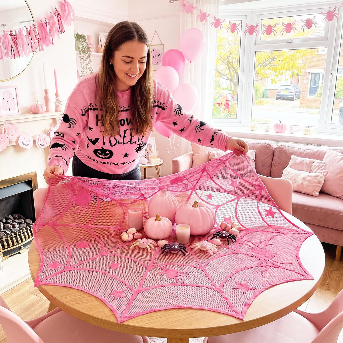Halloween Pink Spider Web Tablecloth, Round 40 Inch