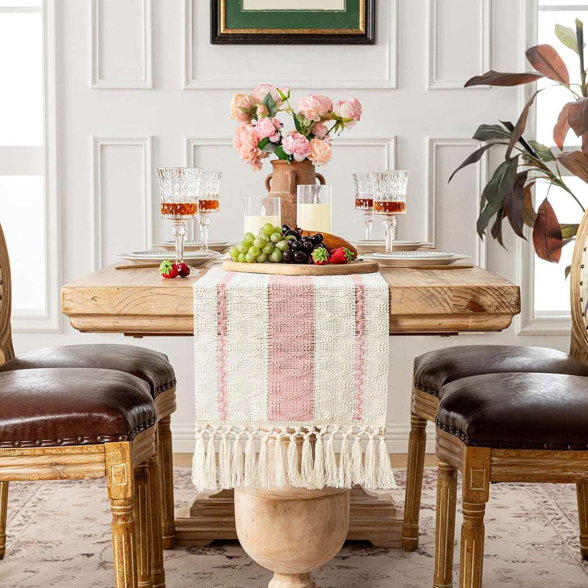 Pink Table Runner 48 Inches Long Boho Macrame Table Runner for Home Decor, Farmhouse Table Runners with Tassels for Party Bohemian Rustic Bridal Shower Dining Decor 12x48 Inches