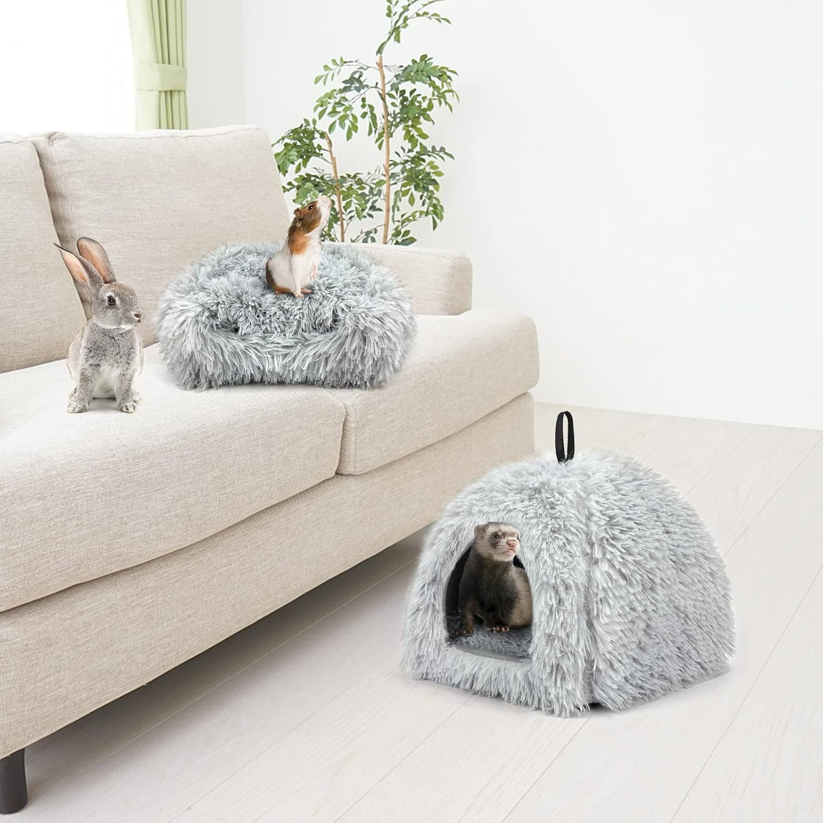 YUEPET Rabbit Bed Warm House and Hideout, Calming Grey Bunny Cave Bed for Rabbit Ferrets Guinea Pigs Hamsters and Other Small Animals(Grey)