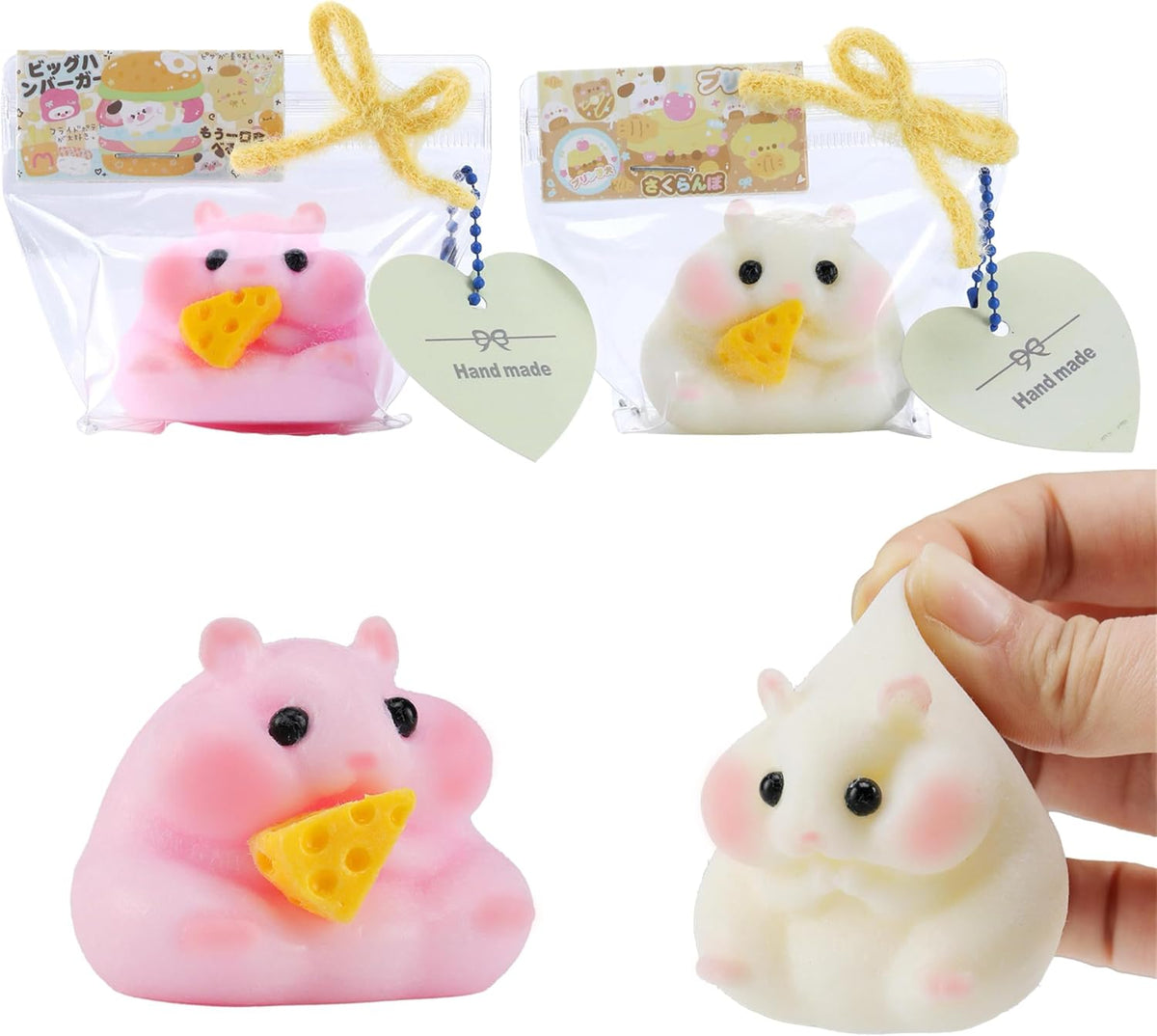 2PCS Handmade Taba Hamster Squishy Squeeze Toys - Ultra Soft Silicone Animal Squishies for Kids & Adults, Reusable Non-Violent Squishy Toys for Stress Relief & Relaxation (White&Pink)