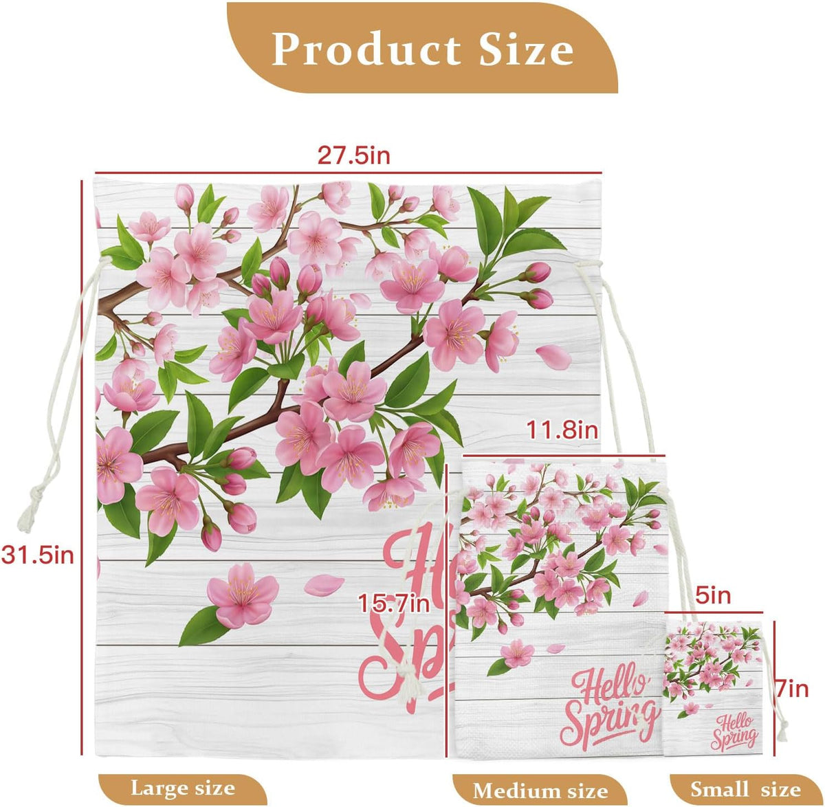 Victoroes Spring Peaches Drawstring Gift Bags 2 Pcs 11.8" x 15.7" Medium Peaches Flowers Wood Grain Gift Bag Reusable Fabric Wrap Bags for Wedding Party Birthday Holiday