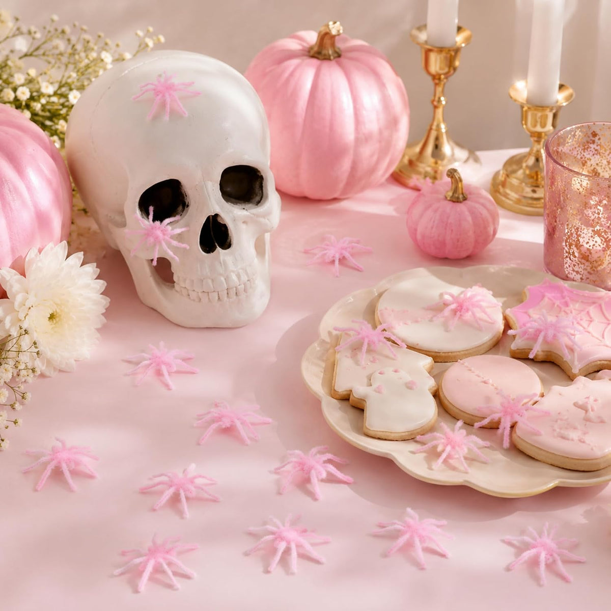 40 Pcs Halloween Mini Fuzzy Spider,Pink Flocking Fake Spiders