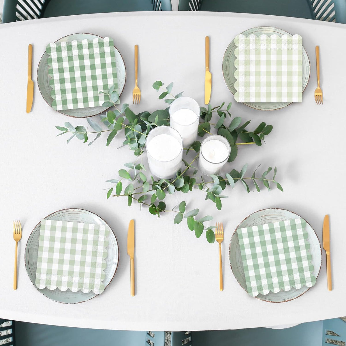Whaline 100 Pcs Sage Green Gingham Cocktail Napkins 5 x 5 Inch Scalloped Plaid Beverage Napkin for Summer Picnic Barbecue Wedding Birthday Baby Bridal Shower Party Supplies